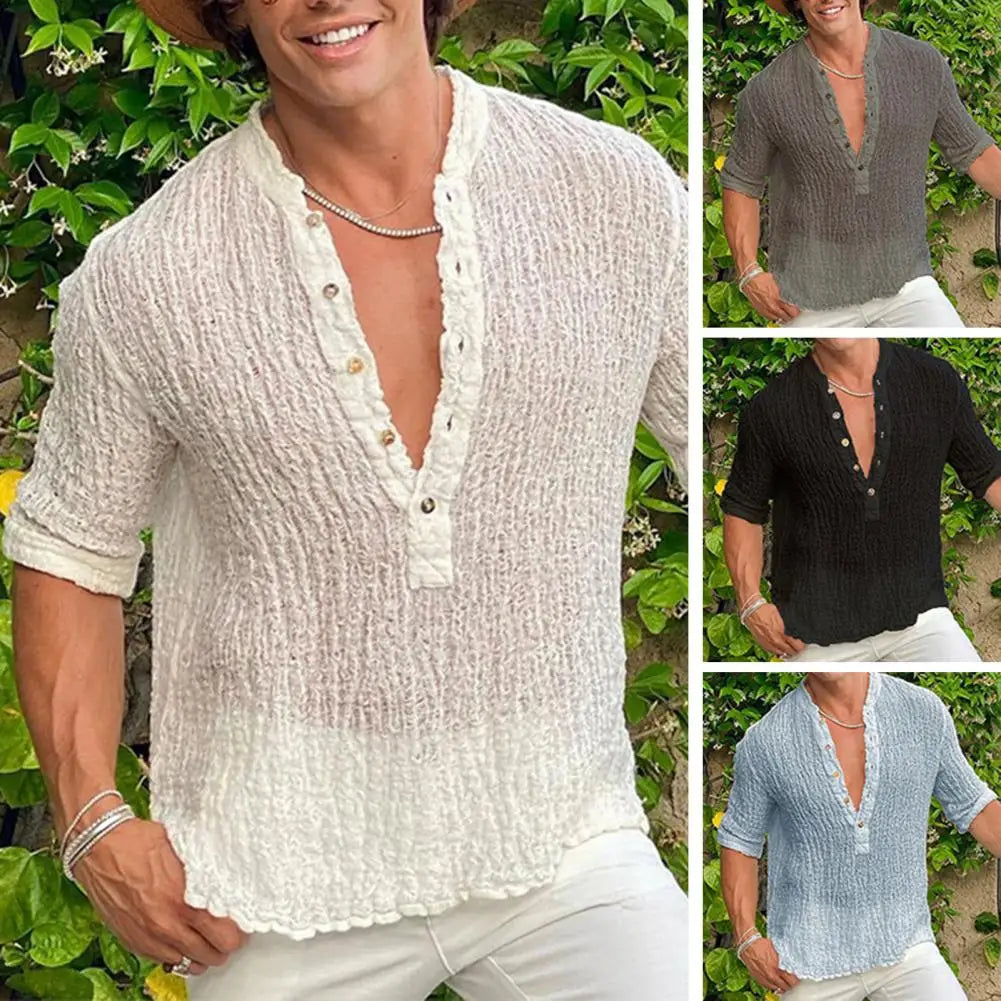 Vintage Solid Color Cotton Linen Men's Tops Spring Summer Casual Loose Half Sleeve Button V Neck Soft Shirts Leisure Mens Shirt