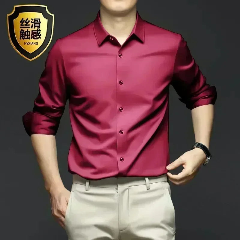 S-6XLHigh Quality Stretch Anti-Wrinkle Men Shirts Long Sleeve Dress Shirts For MaleSlim Social Business Blouse Solid Color Shirt