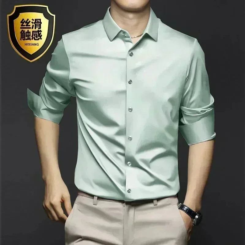 S-6XLHigh Quality Stretch Anti-Wrinkle Men Shirts Long Sleeve Dress Shirts For MaleSlim Social Business Blouse Solid Color Shirt