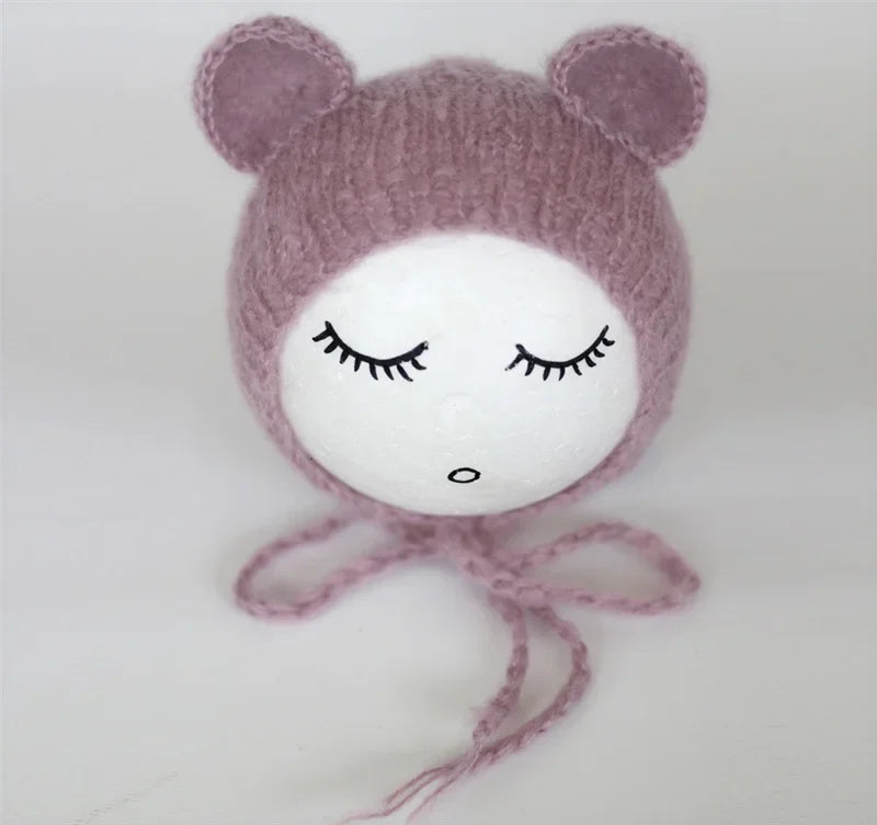 Newborn Mohair Ear Bear Hat Bonnet Baby Infant Photography Props Cap Gorro Bebe Handmade Knitted Hats Photo Accessories