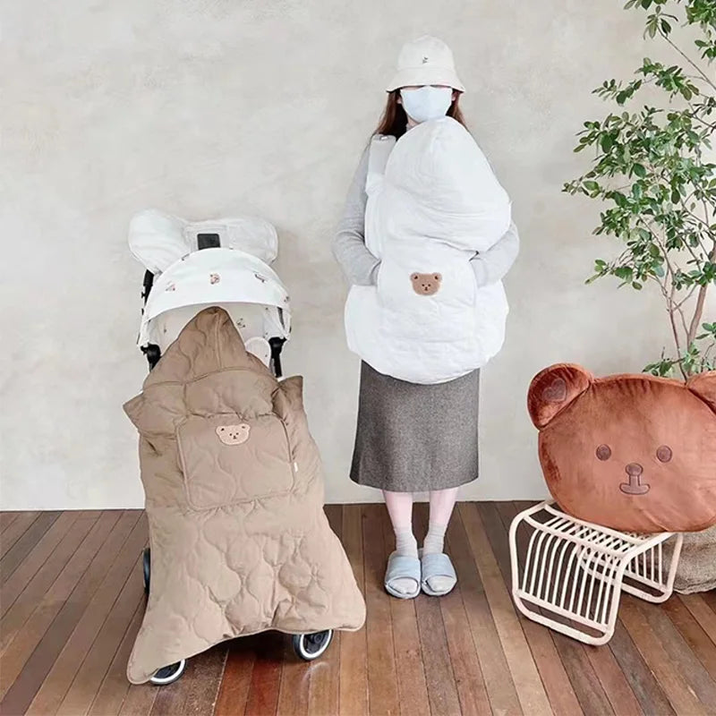 Cartoon Bear Baby Stroller Blanket Cover Korean Thicken Newborn Swaddle Wrap Hooded Cloak Cape Windproof Infant Sleeping Quilt