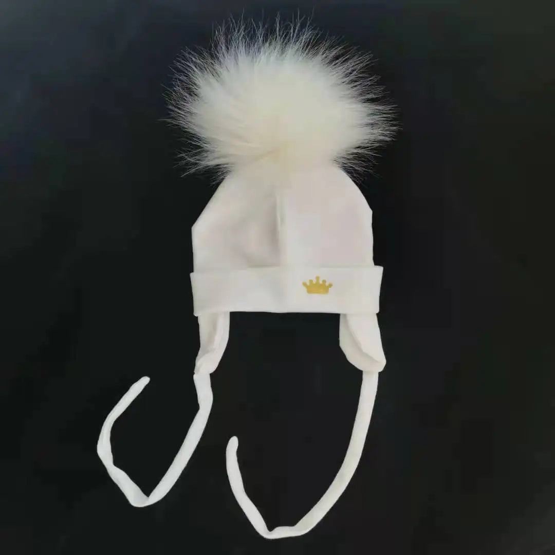 Newborn Baby hat for Boys Girls with ear Warmmer earflap rope Winter Cotton Beanie Pom Pom Bobble crown Hat Cap Hat for Kids boy