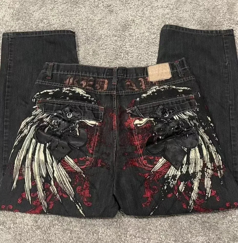 Y2K Jeans New Gothic Embroidery Casual Washed Cowboy Pants Men Retro Streetwear Hip Hop Loose Fashion High Waist Straight pants