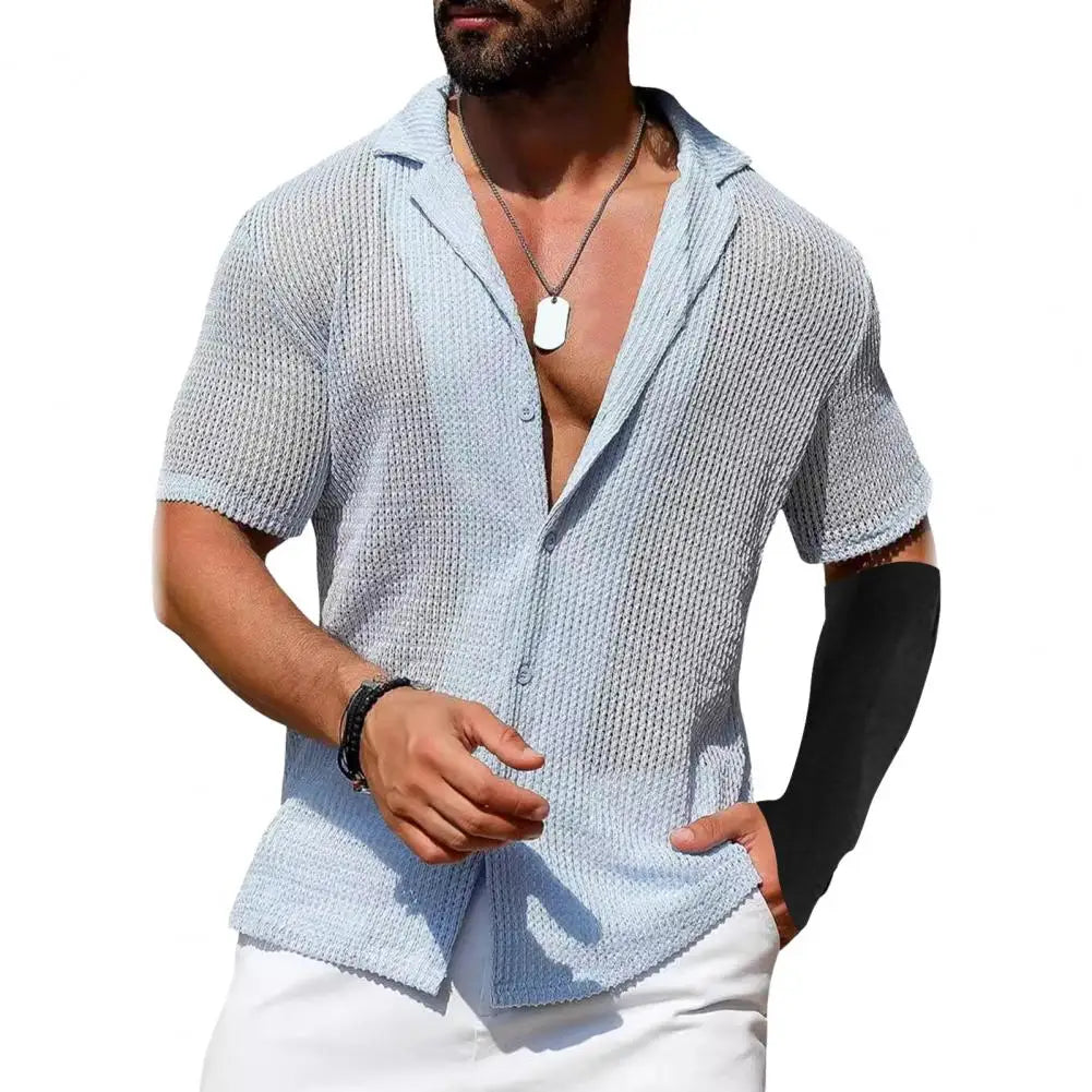 Summer Men Shirt Knitted Hollow Elastic Vintage Short Sleeves Shirt Single-breasted Cardigan Vacation Beach Top