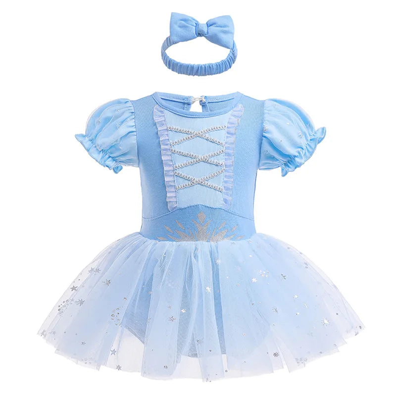 Fancy Fairy Baby Romper Elsa Ariel Belle Rapunzel Princess Costume 1 Year Birthday Tutu Dress Lace Headband Christening Baptism