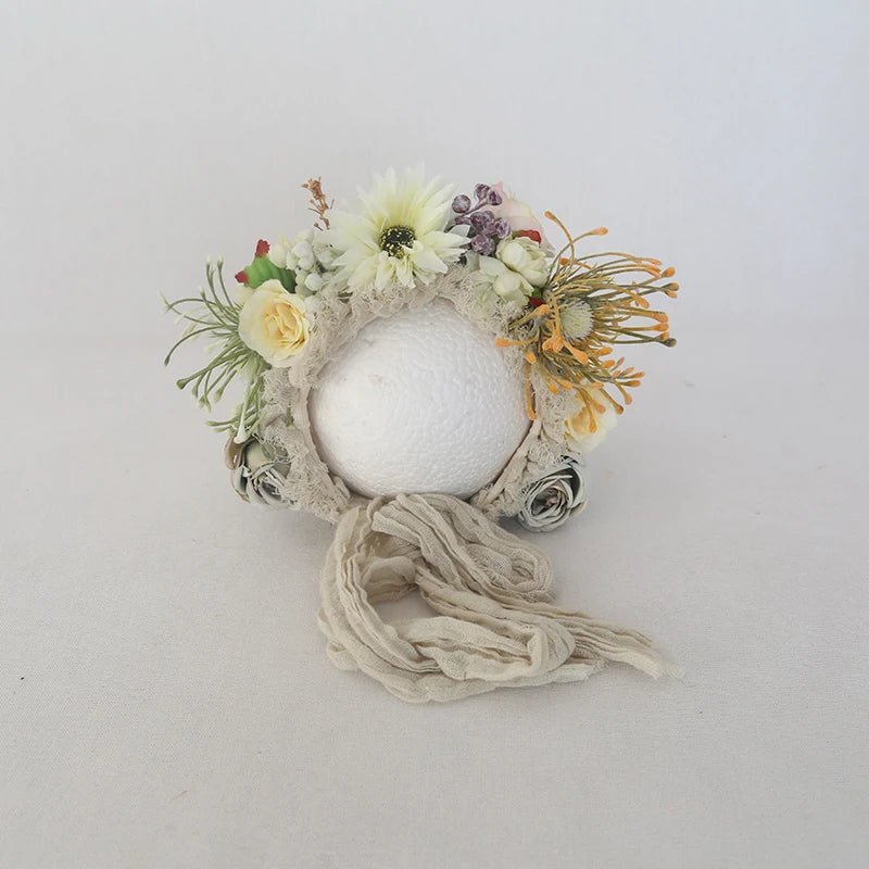 Vintage Newborn Floral Bonnet Baby girl Hat For Photography Knitted Newborn Garden Flower Bonnet For Photo Shoot Props