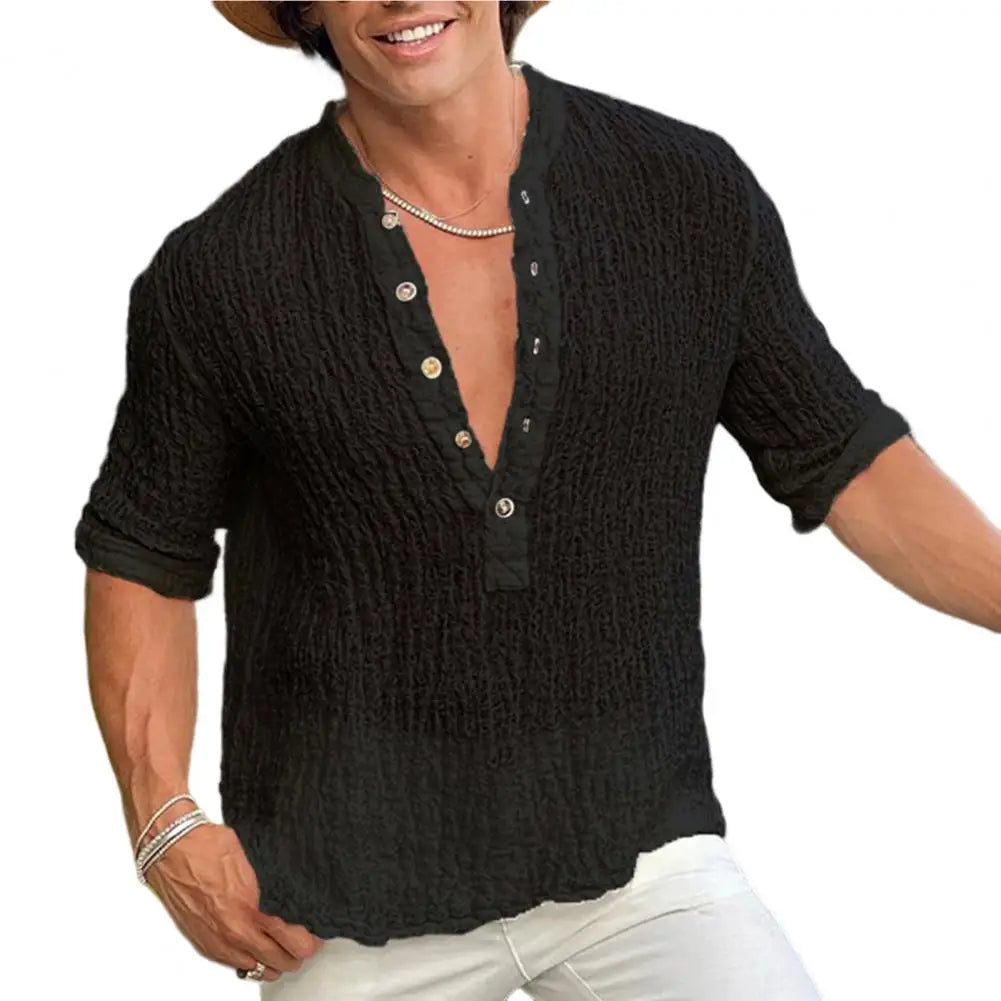 Vintage Solid Color Cotton Linen Men's Tops Spring Summer Casual Loose Half Sleeve Button V Neck Soft Shirts Leisure Mens Shirt