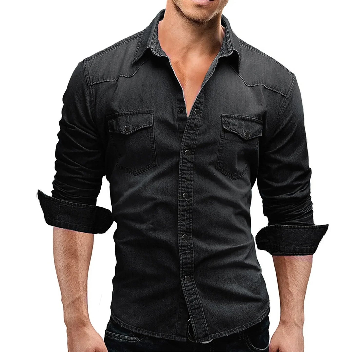 Elastic Cotton Denim Shirt Men Long Sleeve Cowboy Shirts Solid Color Pocket Shirts For Men Casual Slim Fit Jeans Shirts Chemise