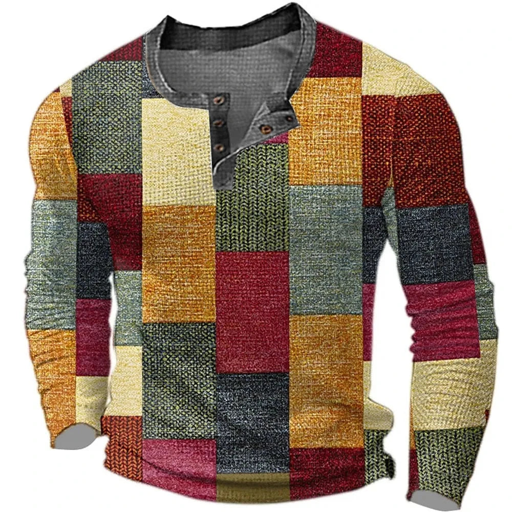 Men's Cotton T Shirt Color Block Graphic Tshirt Print Henley Shirt Oversized Apparel Outdoor Casual Long Sleeve Button Clothing