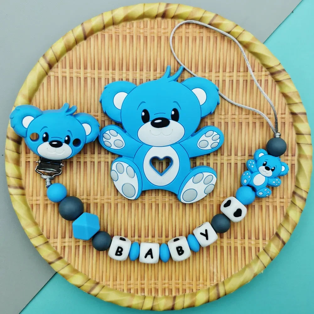 Custom English Russian Silicone Letter Name Baby Bear Silicone Beads Pendant Pacifier Clips Chains Teether Baby Kawaii Toy Gifts