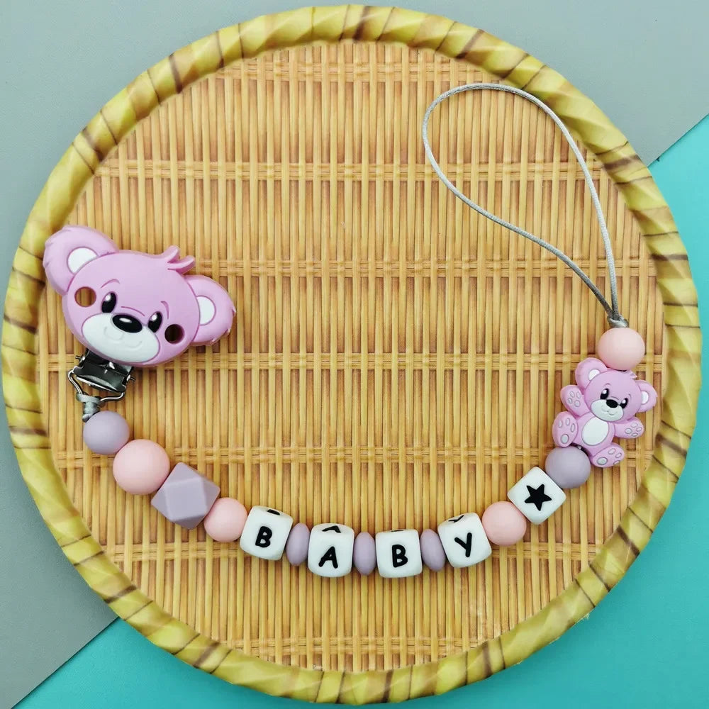 Custom English Russian Silicone Letter Name Baby Bear Silicone Beads Pendant Pacifier Clips Chains Teether Baby Kawaii Toy Gifts