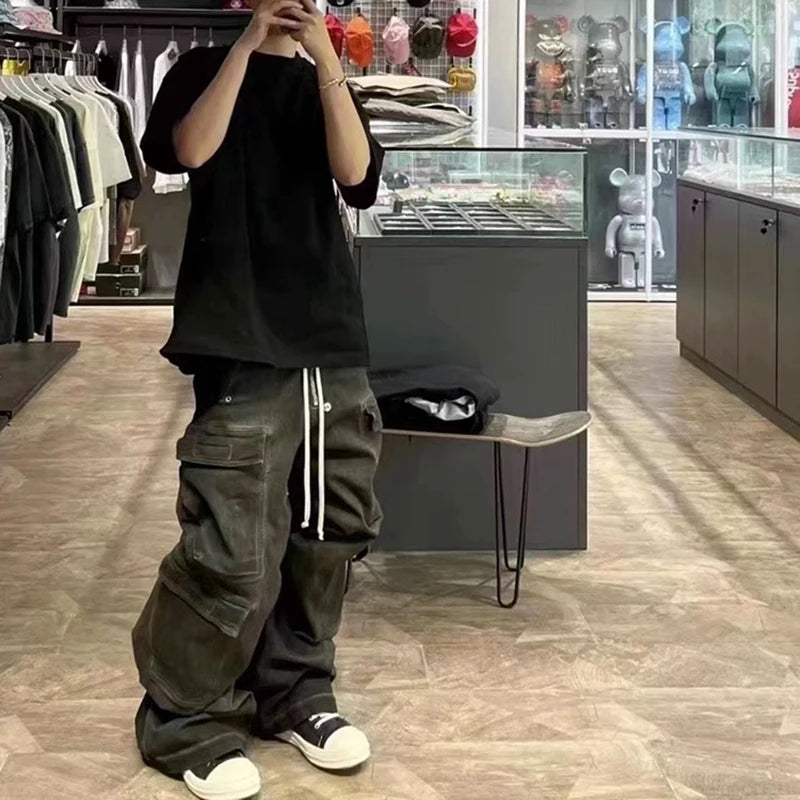 RO Style Ribbons Wide Leg Multi-Pockets Smoke Grey Baggy Jeans for Men Straight Pantalones Hombre Drawstring Denim Trousers