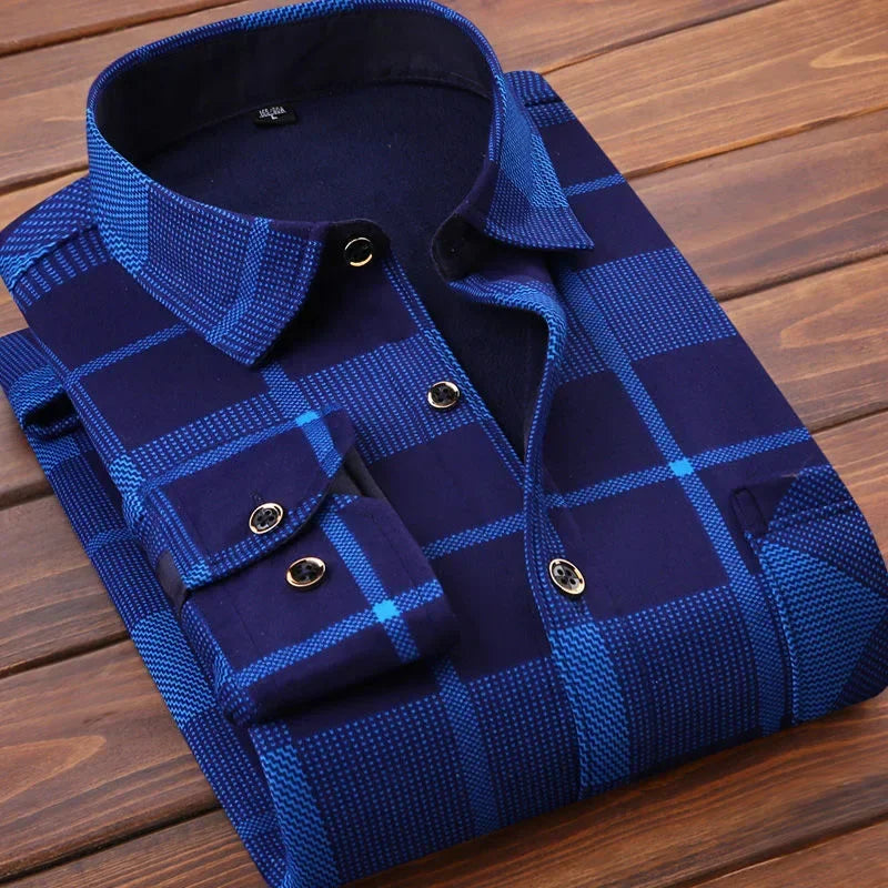 2024 Men's Autumn Winter Casual Fleece Plaid Shirt Fashion Soft Warm Turn Down Collar Long Sleeve Shirt Male High-Quality Tops