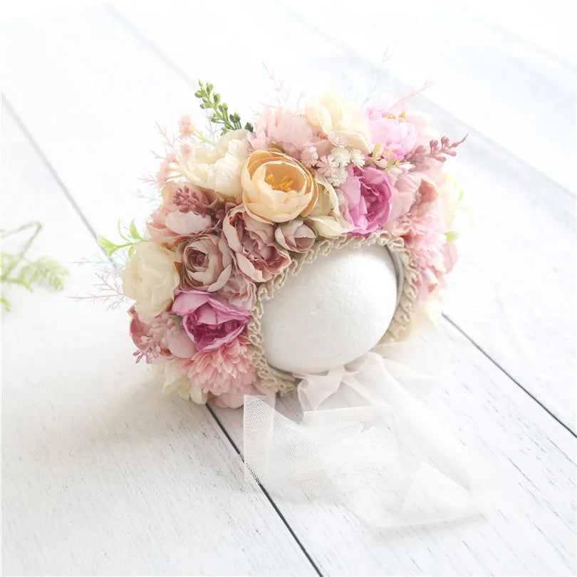 Vintage Newborn Floral Bonnet Baby girl Hat For Photography Knitted Newborn Garden Flower Bonnet For Photo Shoot Props