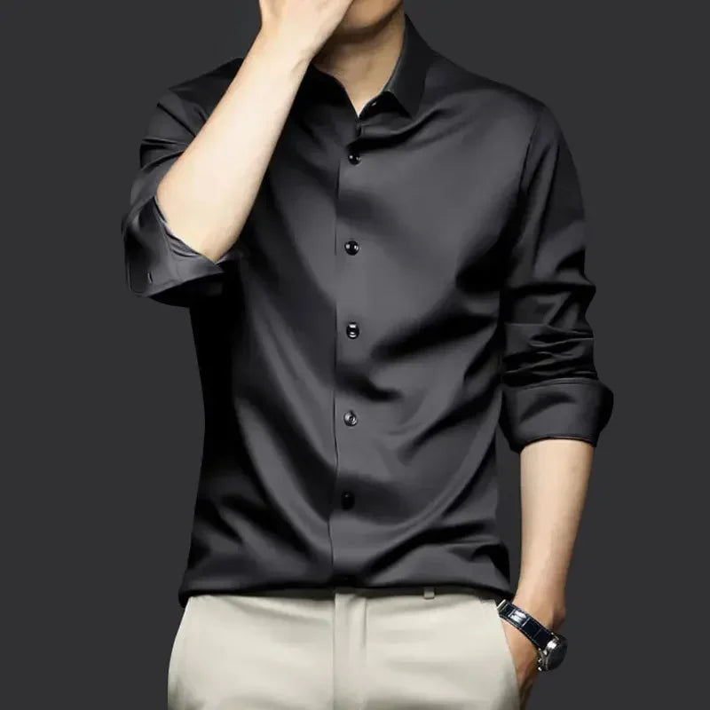 S-6XLHigh Quality Stretch Anti-Wrinkle Men Shirts Long Sleeve Dress Shirts For MaleSlim Social Business Blouse Solid Color Shirt