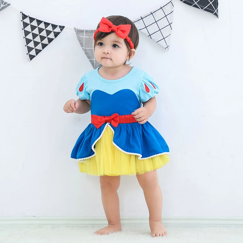 Fancy Fairy Baby Romper Elsa Ariel Belle Rapunzel Princess Costume 1 Year Birthday Tutu Dress Lace Headband Christening Baptism