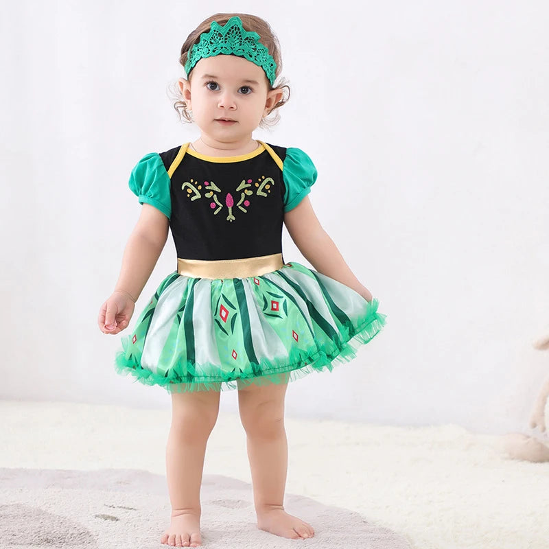 Fancy Fairy Baby Romper Elsa Ariel Belle Rapunzel Princess Costume 1 Year Birthday Tutu Dress Lace Headband Christening Baptism