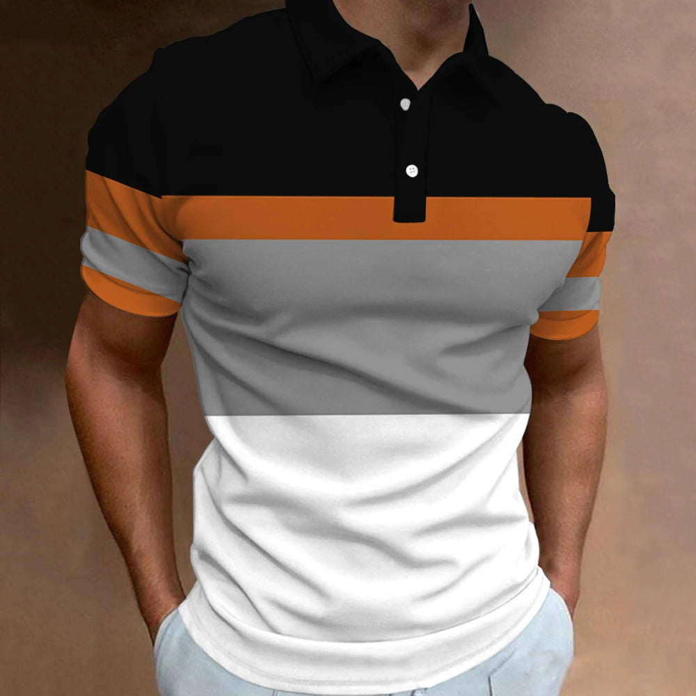New Men‘S Polo Shirt Stripe Print Simple Male Clothing Summer Casual Short Sleeve Loose Oversize Shirt Fashion Breath Sweatshirt