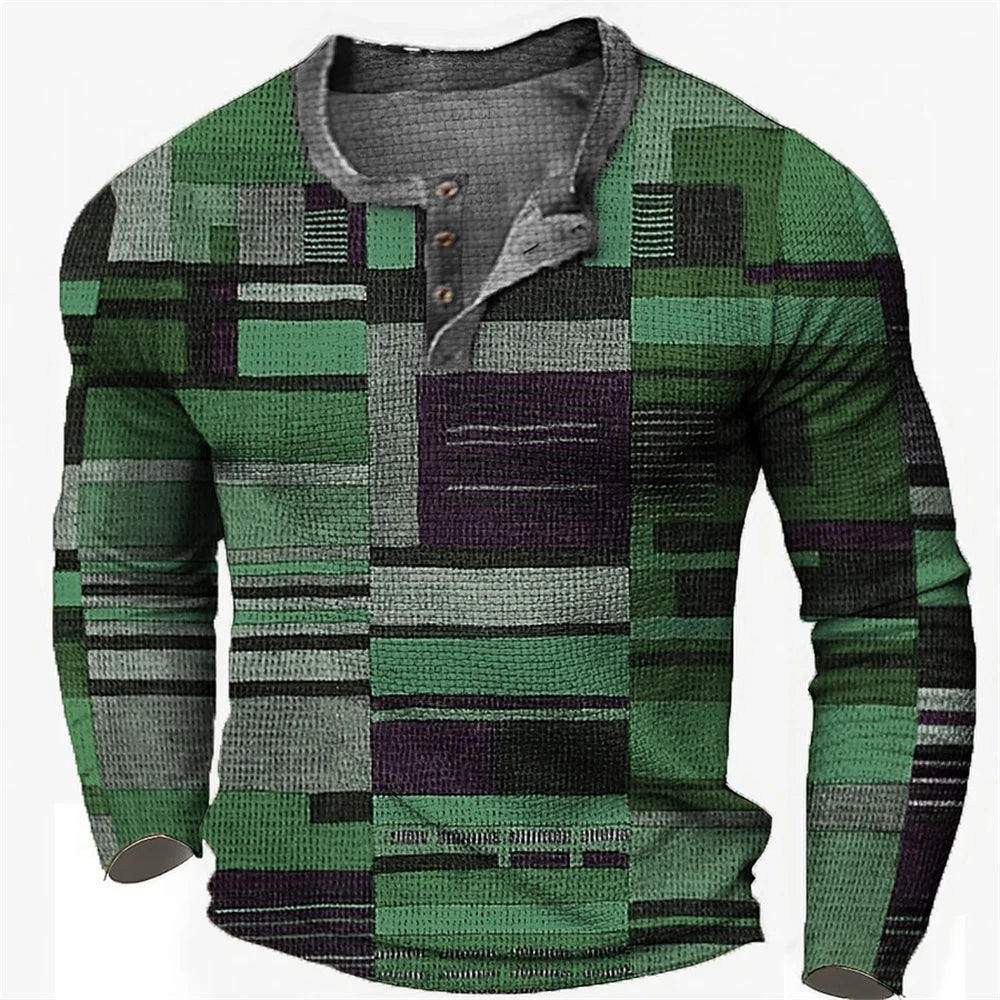 Men's Cotton T Shirt Color Block Graphic Tshirt Print Henley Shirt Oversized Apparel Outdoor Casual Long Sleeve Button Clothing