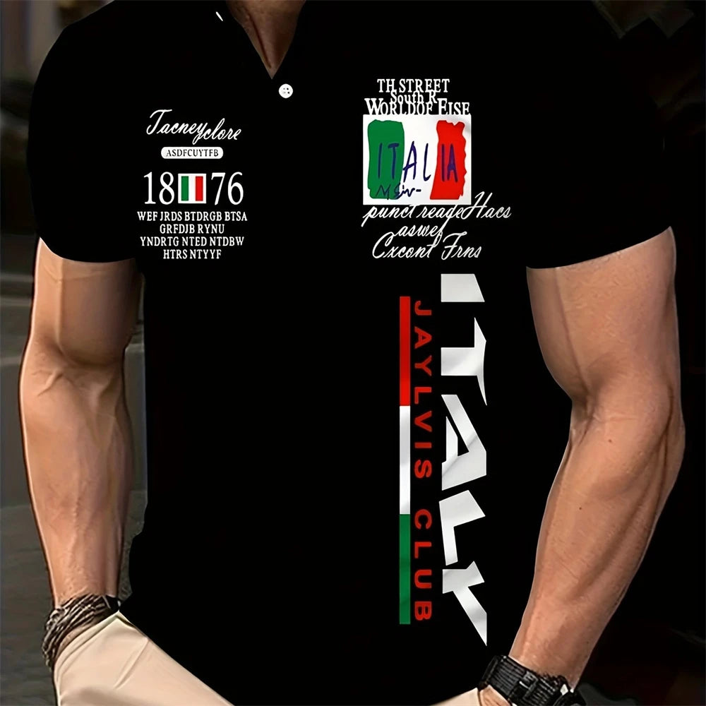 Fashion Men's Polo Shirt Italian Pattern Printed Summer Short Sleeve Casual Tie Button Large Size Men's Clothing Golf T Shirt