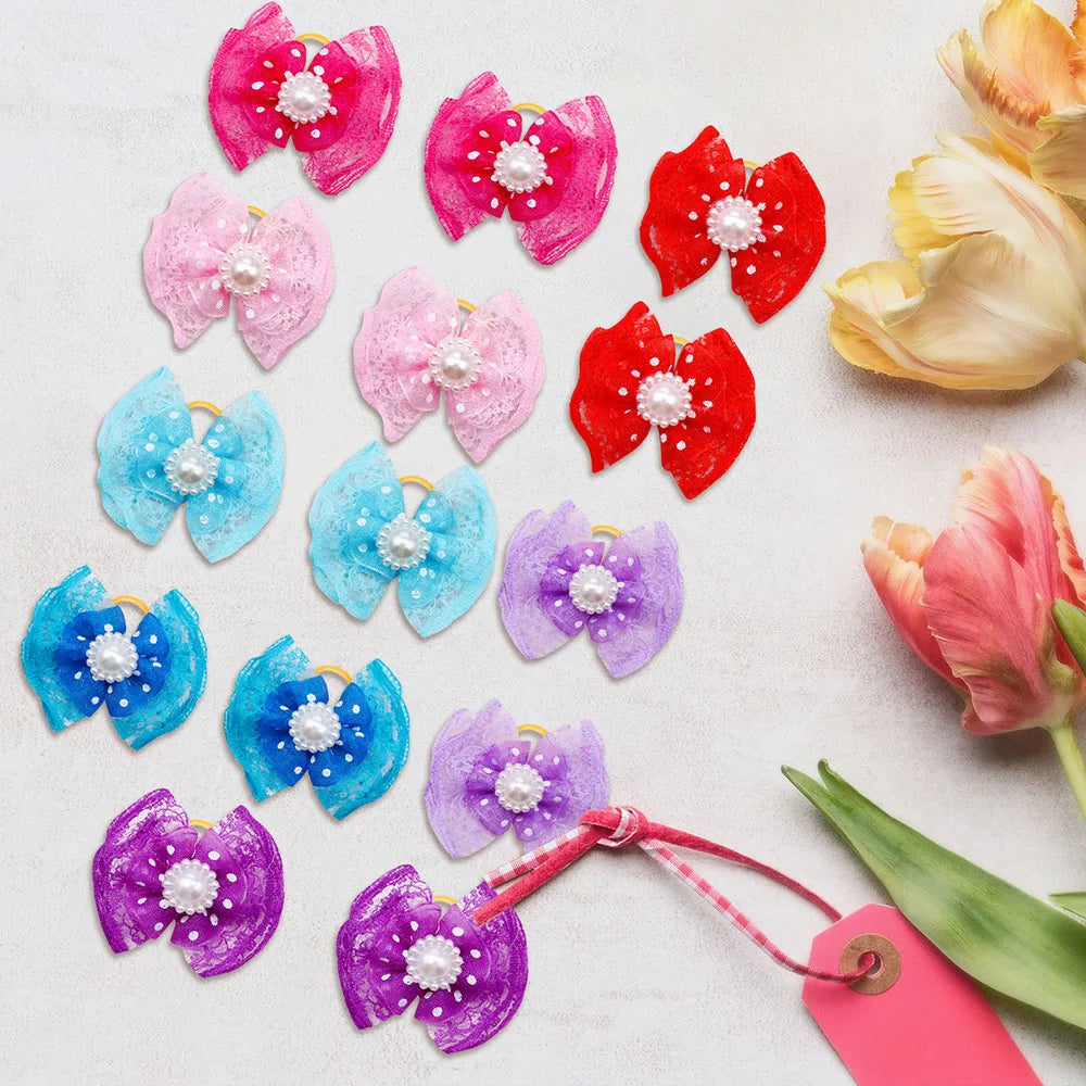 100pcs Bulk Pet Dog Hair Accessories Dog Hair Bows with Diomand Lace Rubber Band Grooming for Small Dogs Puppy Bows Pet Supplies