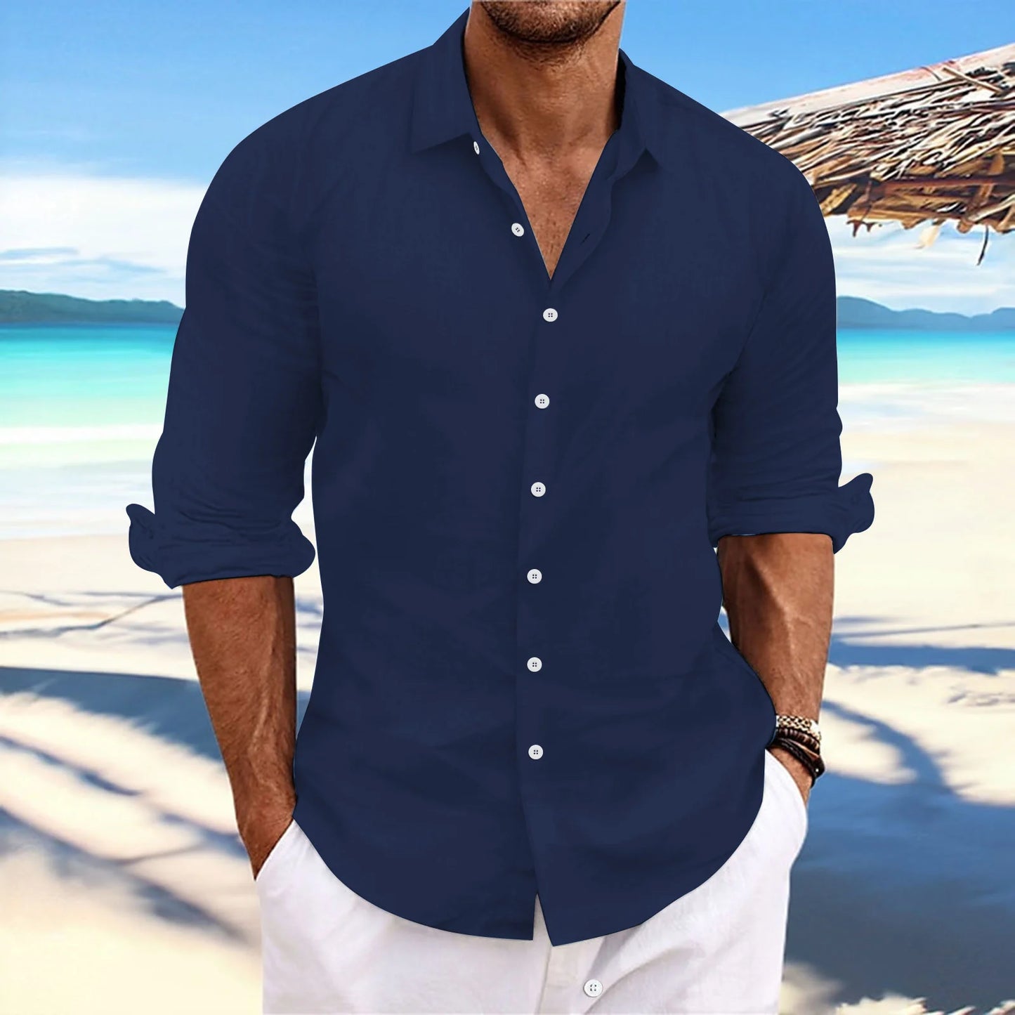 Men's Linen Long-Sleeved Shirts Spring Autumn 100%Cotton Solid Color Turn-down Collar Casual Style Plus