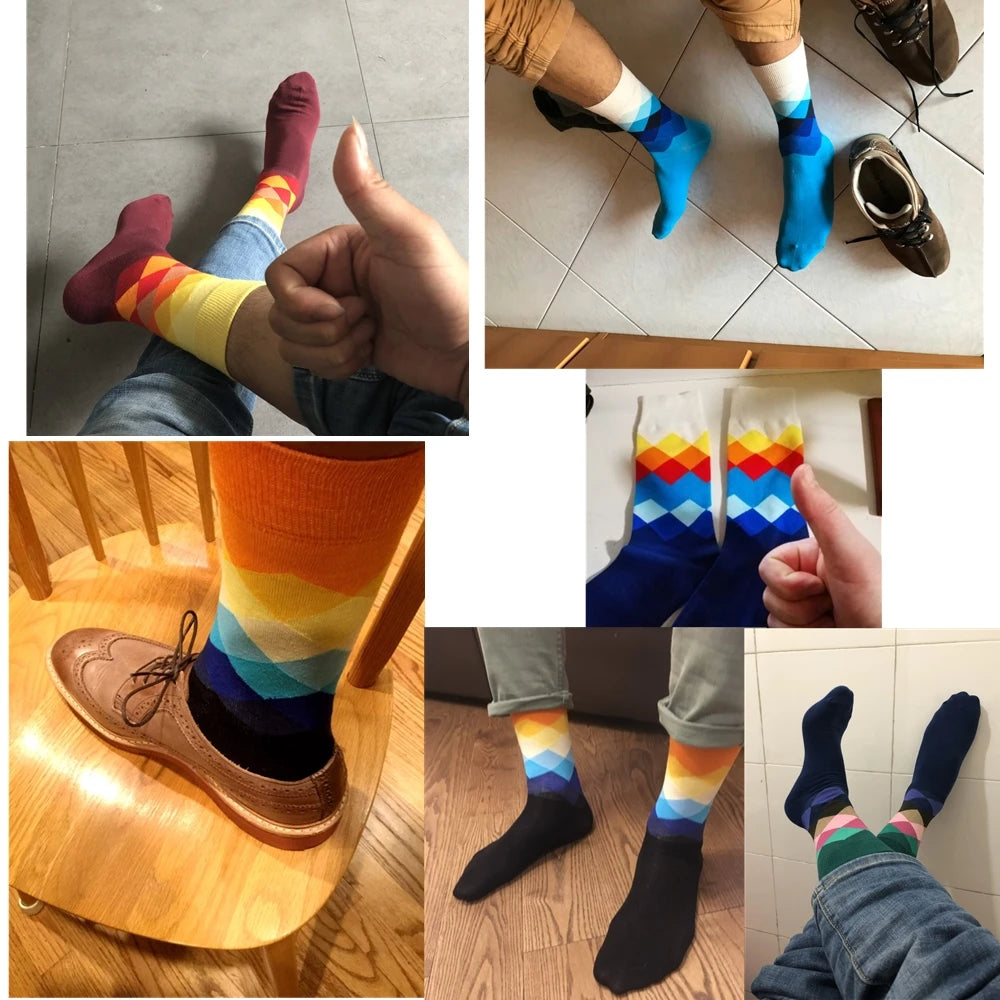 Men Socks Standard Casual Happy Socks High Quality Diamond Pattern Cotton Socks 10 Colors Couple suit Men's plus size socks