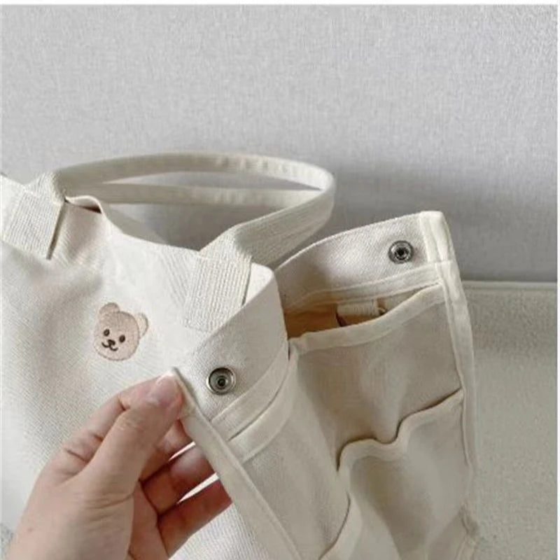 Korean Ins Diaper Bags Little Bear White Baby Bag Multifunction Canvas Tote Handbag Outing Fashion High-capacity Shoulder Bag
