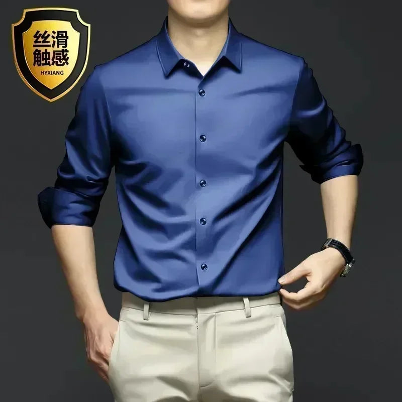 S-6XLHigh Quality Stretch Anti-Wrinkle Men Shirts Long Sleeve Dress Shirts For MaleSlim Social Business Blouse Solid Color Shirt