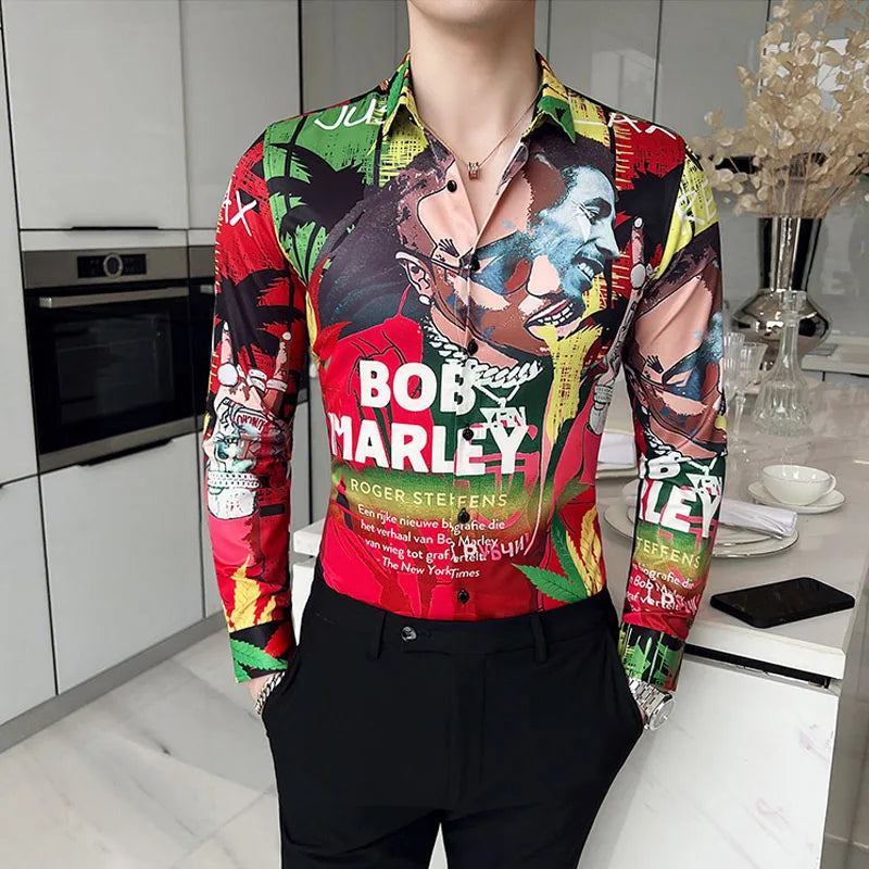 Luxury Long Sleeve Mens Baroque Shirts Dress Autumn Party Prom Wear Slim Fit Male Brand Clothing Striped Print Casual Shirt Men