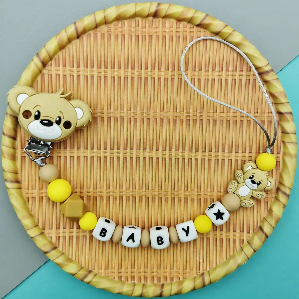 Custom English Russian Silicone Letter Name Baby Bear Silicone Beads Pendant Pacifier Clips Chains Teether Baby Kawaii Toy Gifts