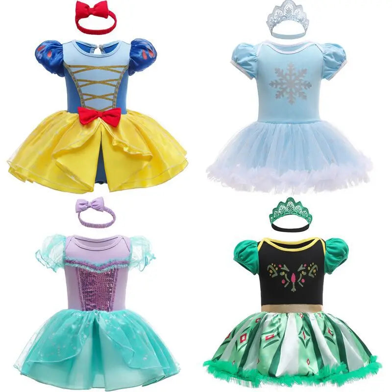 Fancy Fairy Baby Romper Elsa Ariel Belle Rapunzel Princess Costume 1 Year Birthday Tutu Dress Lace Headband Christening Baptism