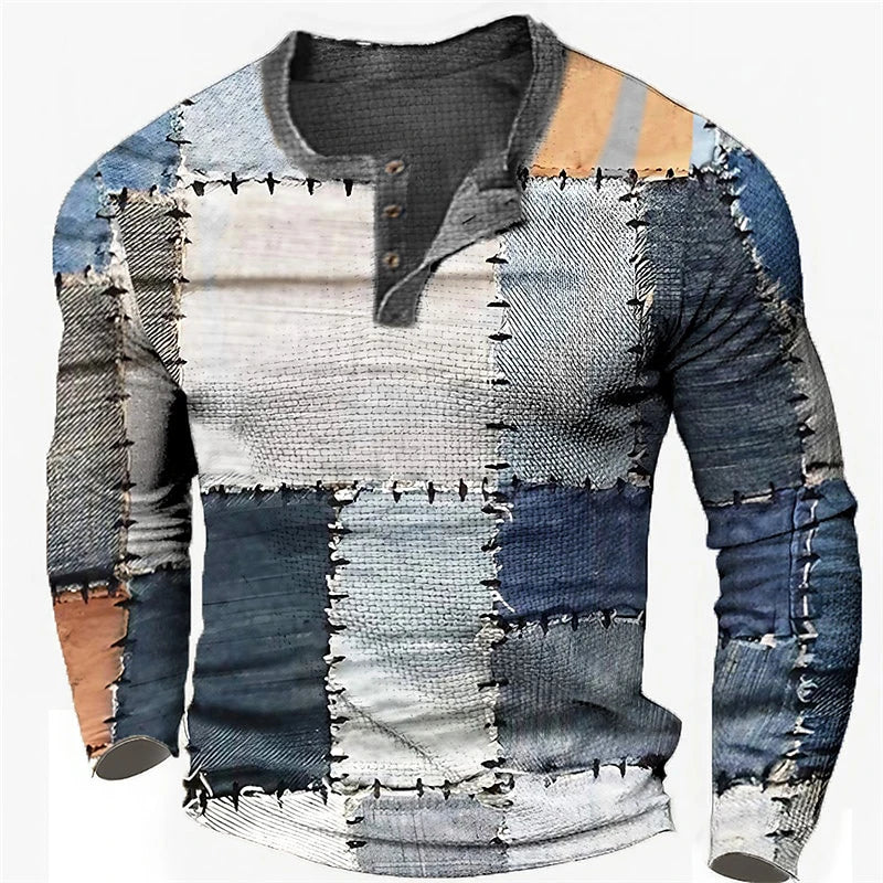 Men's Cotton T Shirt Color Block Graphic Tshirt Print Henley Shirt Oversized Apparel Outdoor Casual Long Sleeve Button Clothing