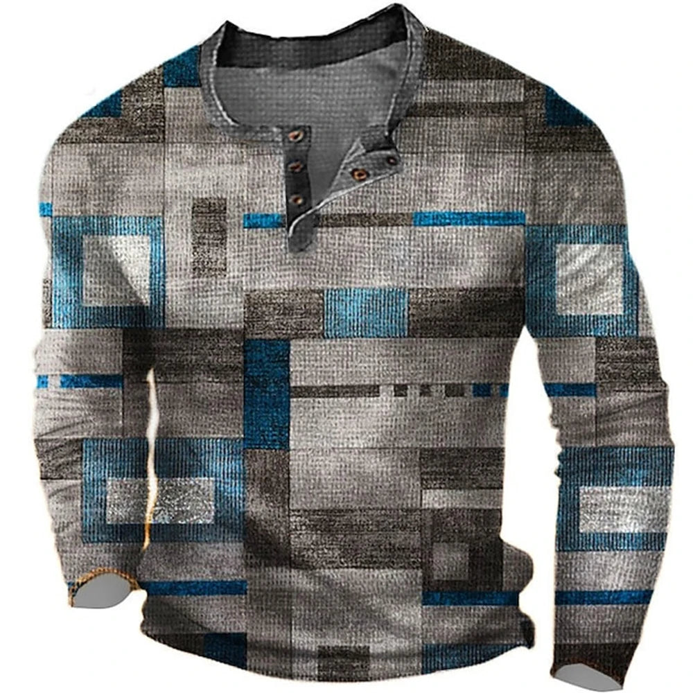 Men's Cotton T Shirt Color Block Graphic Tshirt Print Henley Shirt Oversized Apparel Outdoor Casual Long Sleeve Button Clothing