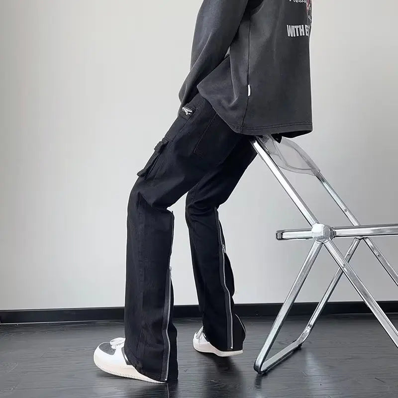 2023 Y2K Fashion Zipper Black Flared Jeans Cargo Pants For Men Designer Clothes Straight Solid Casual Long Trousers Ropa Hombre
