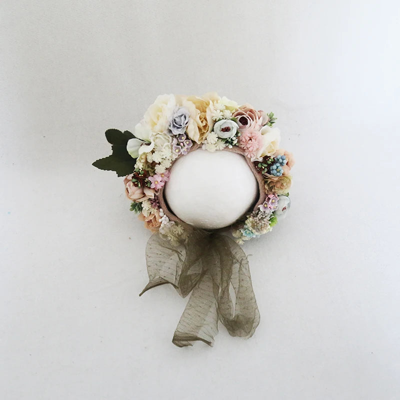 Vintage Newborn Floral Bonnet Baby girl Hat For Photography Knitted Newborn Garden Flower Bonnet For Photo Shoot Props