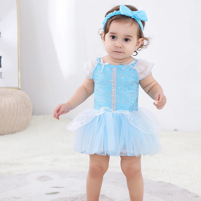 Fancy Fairy Baby Romper Elsa Ariel Belle Rapunzel Princess Costume 1 Year Birthday Tutu Dress Lace Headband Christening Baptism