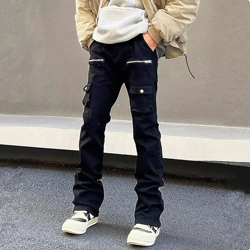 2023 Y2K Fashion Zipper Black Flared Jeans Cargo Pants For Men Designer Clothes Straight Solid Casual Long Trousers Ropa Hombre
