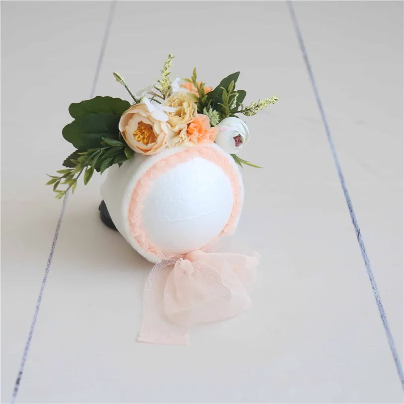 Vintage Newborn Floral Bonnet Baby girl Hat For Photography Knitted Newborn Garden Flower Bonnet For Photo Shoot Props