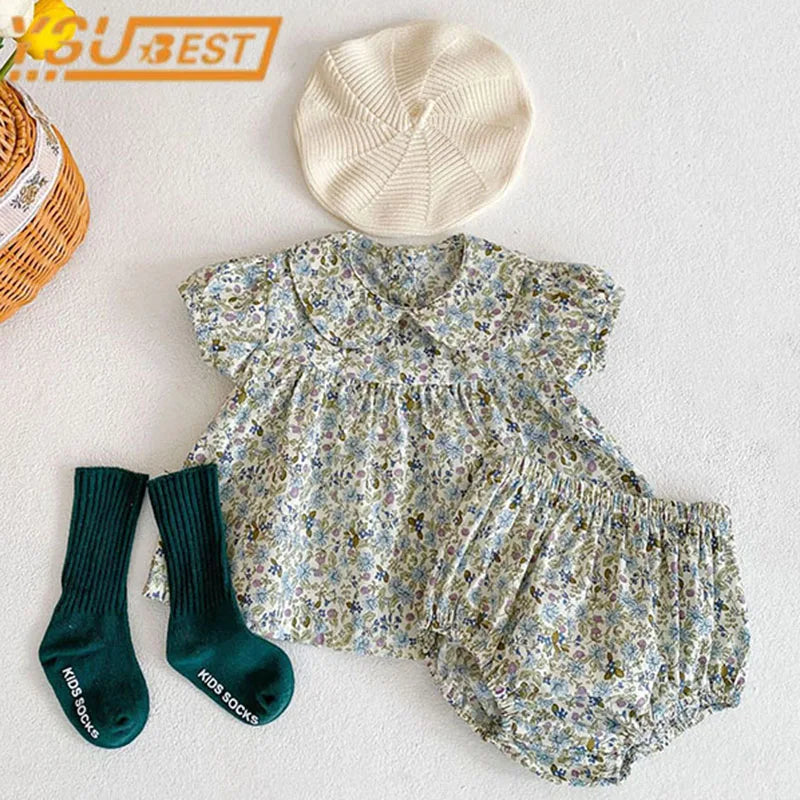 Korean Style Flower Summer 2024 Short Sleeves Tops+PP Shorts Suit Baby Girls Clothes Infant Baby Girls Clothing Suit