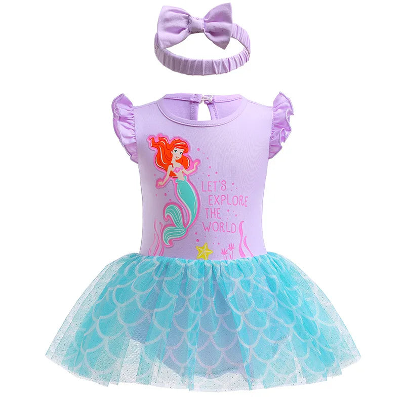 Fancy Fairy Baby Romper Elsa Ariel Belle Rapunzel Princess Costume 1 Year Birthday Tutu Dress Lace Headband Christening Baptism