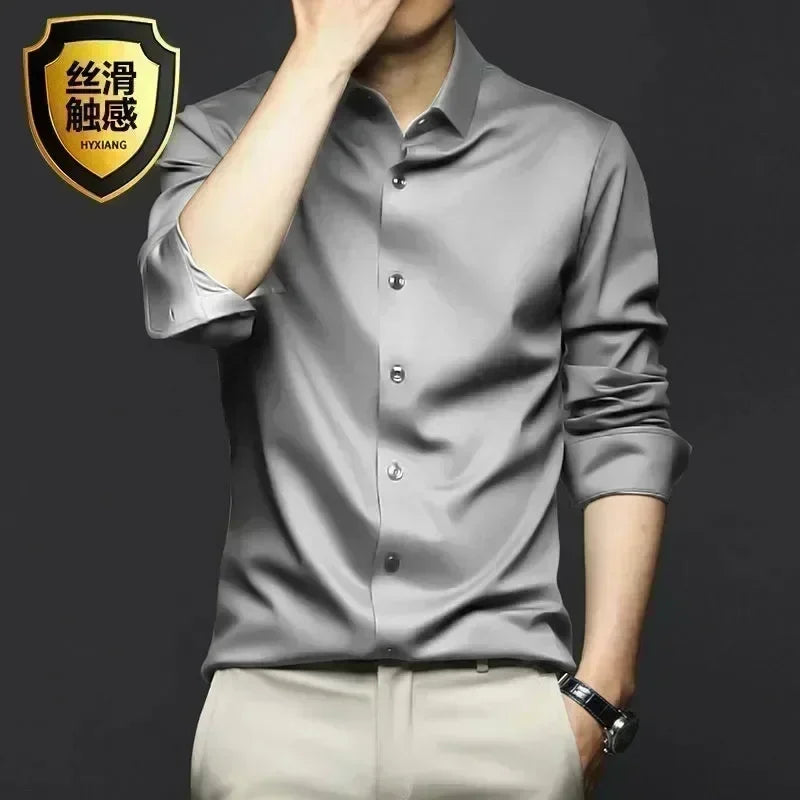 S-6XLHigh Quality Stretch Anti-Wrinkle Men Shirts Long Sleeve Dress Shirts For MaleSlim Social Business Blouse Solid Color Shirt