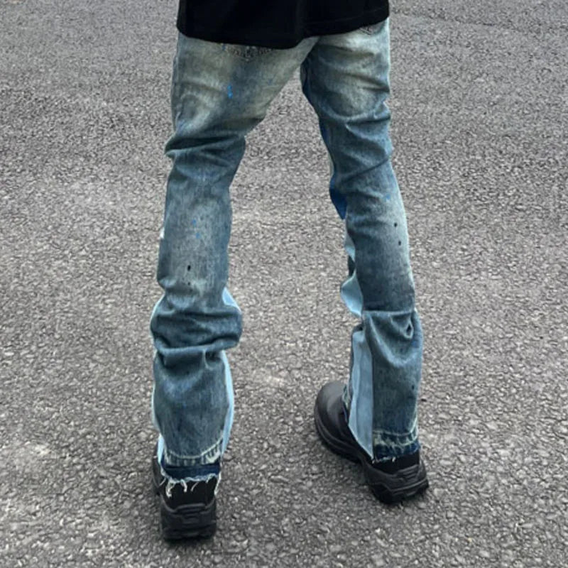 High Street Retro Ink Splash Patchwork Ripped Jeans Flare Pants Men and Women Straight Casual Oversized Loose Denim Trousers