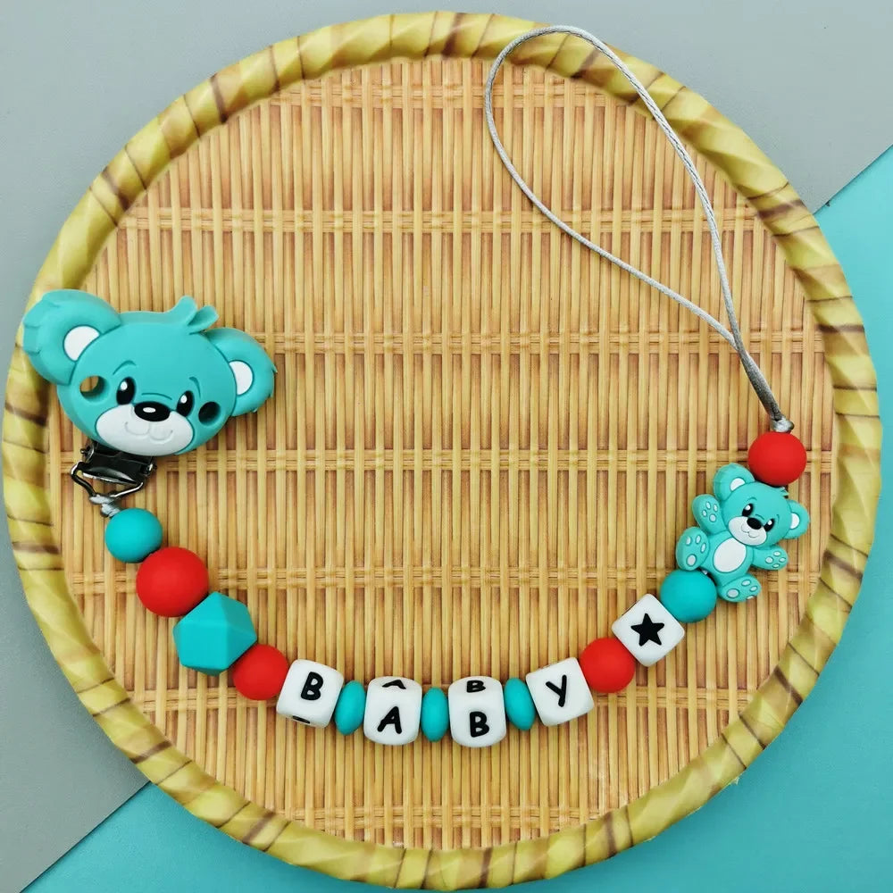 Custom English Russian Silicone Letter Name Baby Bear Silicone Beads Pendant Pacifier Clips Chains Teether Baby Kawaii Toy Gifts