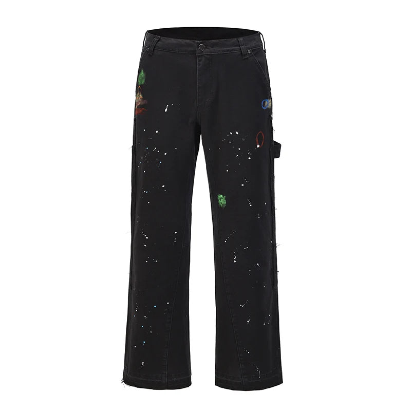 High Street Retro Ink Splash Patchwork Ripped Jeans Flare Pants Men and Women Straight Casual Oversized Loose Denim Trousers