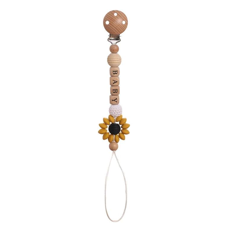 1pc Personalized Name Baby Pacifier Clips Chain Sunflower Wood Pacifier Clips Safe Teething Chain Soother Chew Toy Dummy Clips
