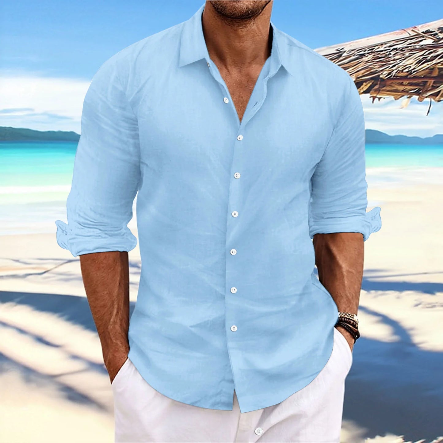 Men's Linen Long-Sleeved Shirts Spring Autumn 100%Cotton Solid Color Turn-down Collar Casual Style Plus