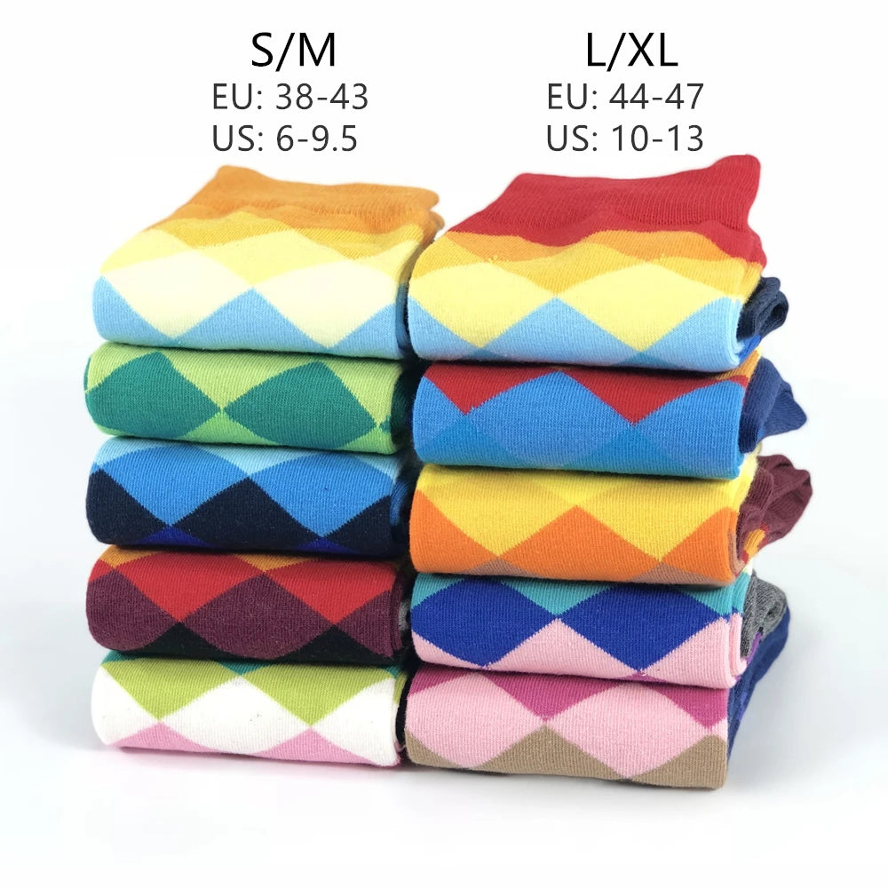 Men Socks Standard Casual Happy Socks High Quality Diamond Pattern Cotton Socks 10 Colors Couple suit Men's plus size socks