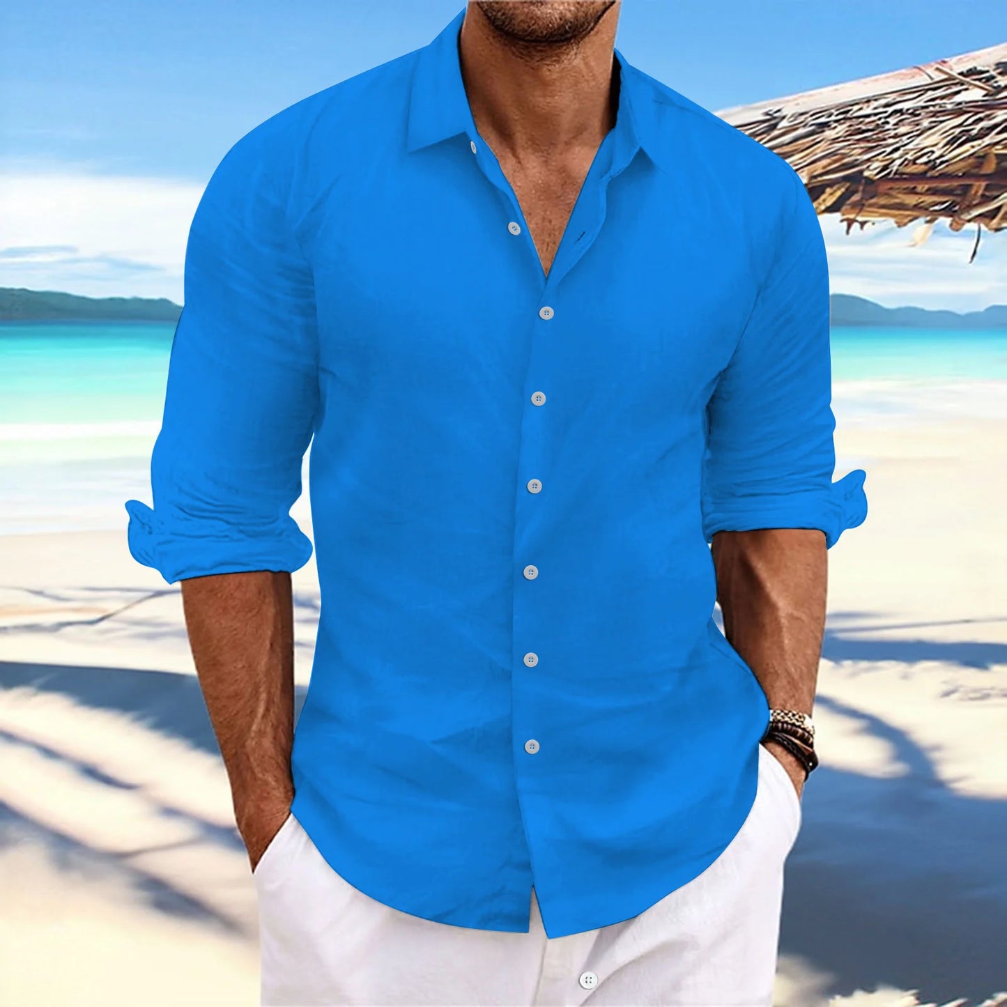 Men's Linen Long-Sleeved Shirts Spring Autumn 100%Cotton Solid Color Turn-down Collar Casual Style Plus