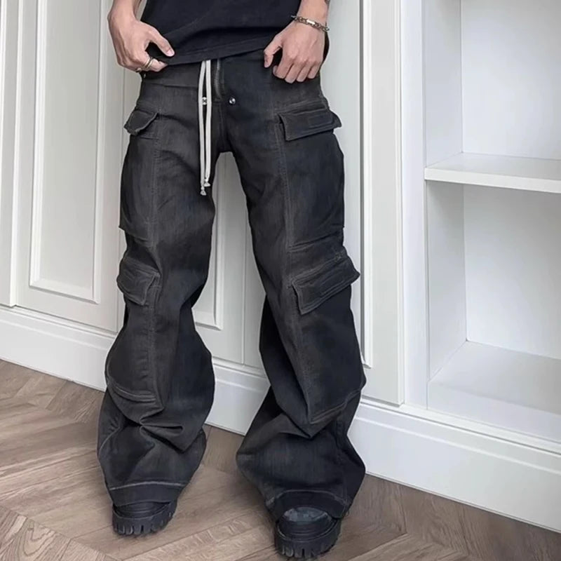 RO Style Ribbons Wide Leg Multi-Pockets Smoke Grey Baggy Jeans for Men Straight Pantalones Hombre Drawstring Denim Trousers
